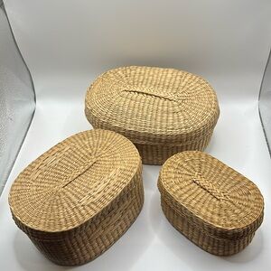 VTG Sweet Grass/Sea Grass Oval Nesting‎ Baskets w/Lids Set of 3